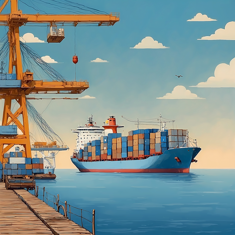 Cartoon sea freight boat at shipping dock