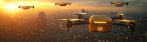 drones flying over the city with a package delivery