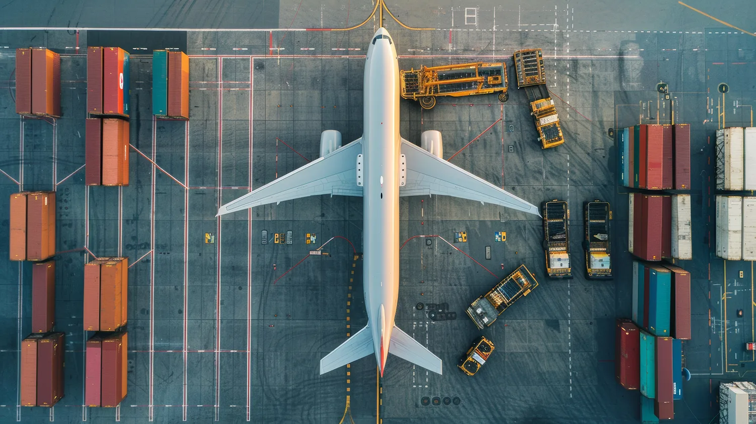 air transport ariel view of cargo plane surrounded by shipping containers