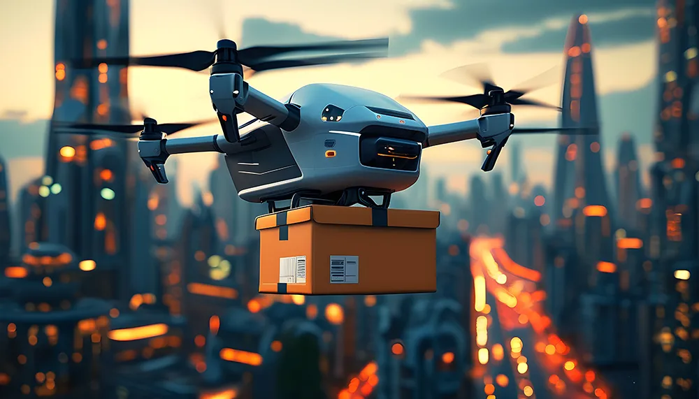 Close up of a drone carrying a delivery box and flying over the city